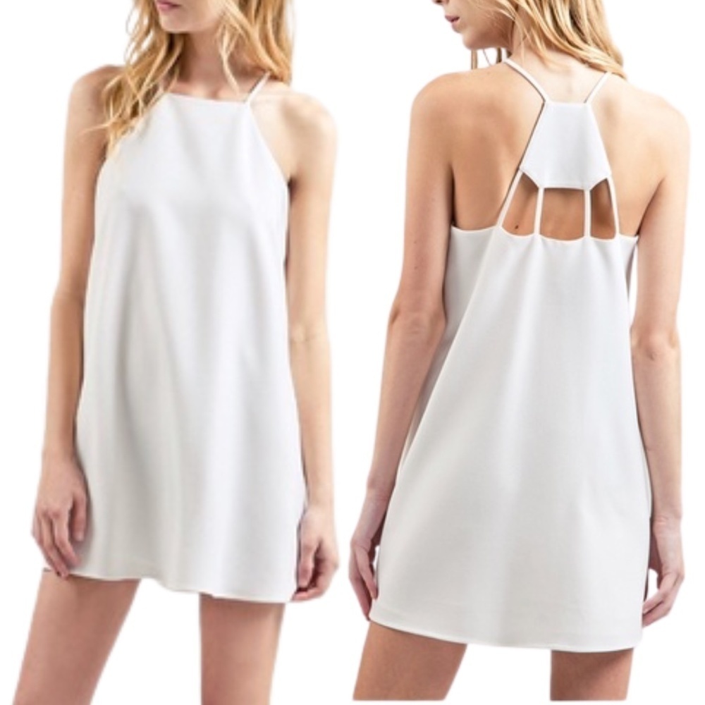 NWOT J.O.A. High Neck Caged Back Ivory Shift Mini Dress Sz. L